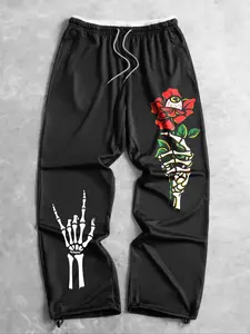 Men's Spring & Fall Letter Print Colorblock Waistband Casual Pants, Loose-Fit Pumpkin Pattern Long Trousers, Perfect Gift for Friends