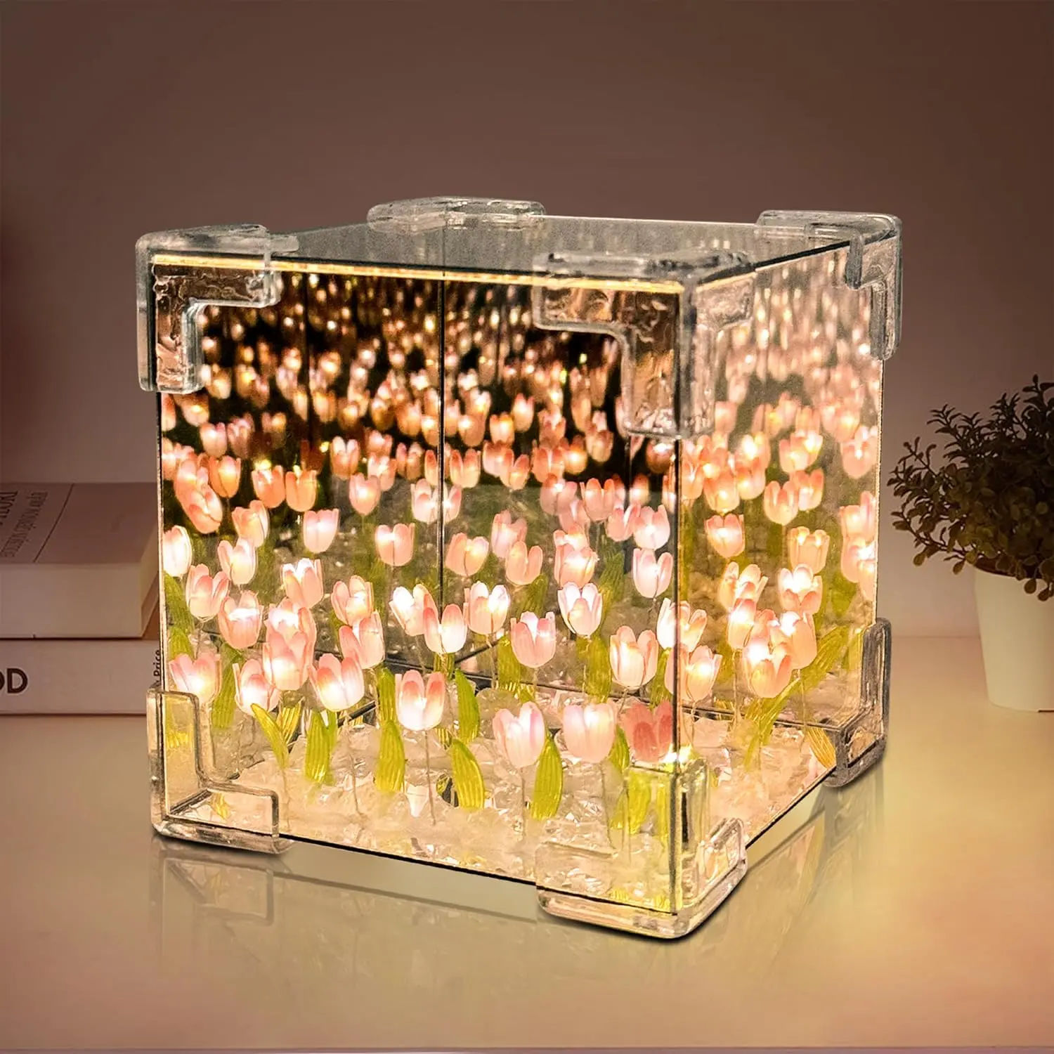 Tulip Night Light, LED Infinity Mirror Lamp Tulipanes DIY Finished Product Decorations Lights Artificial Flower Bedside Table Lamp Creative Gift for Mom Teenage Girl Couple Friend