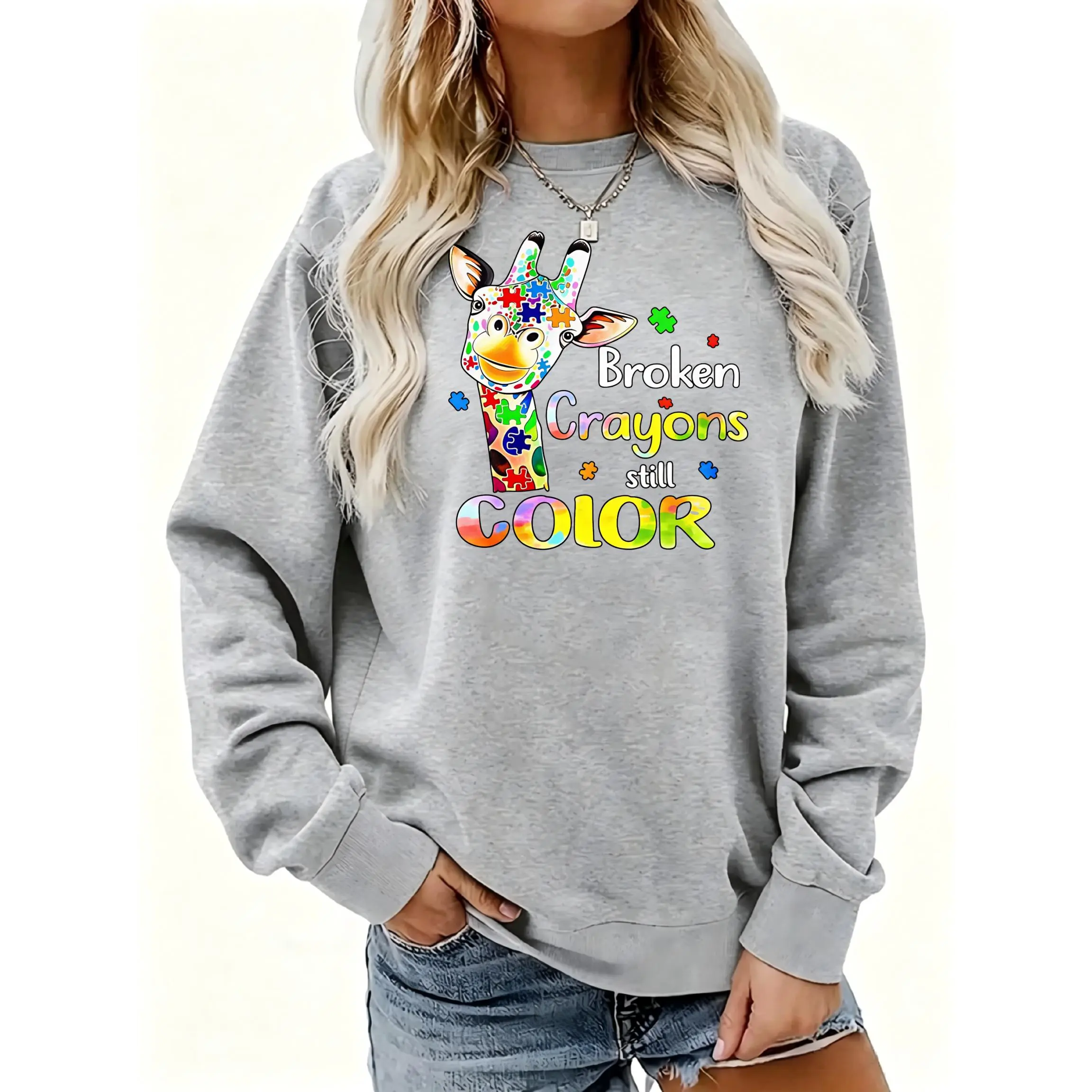 Women's Colorful Giraffe With Inspirational Quote Crewneck Sweatshirt | Soft Stretchy Long Sleeve Pullover | Cozy Fall Layering Essential For Casual Daily, Office & Streetwear Looks