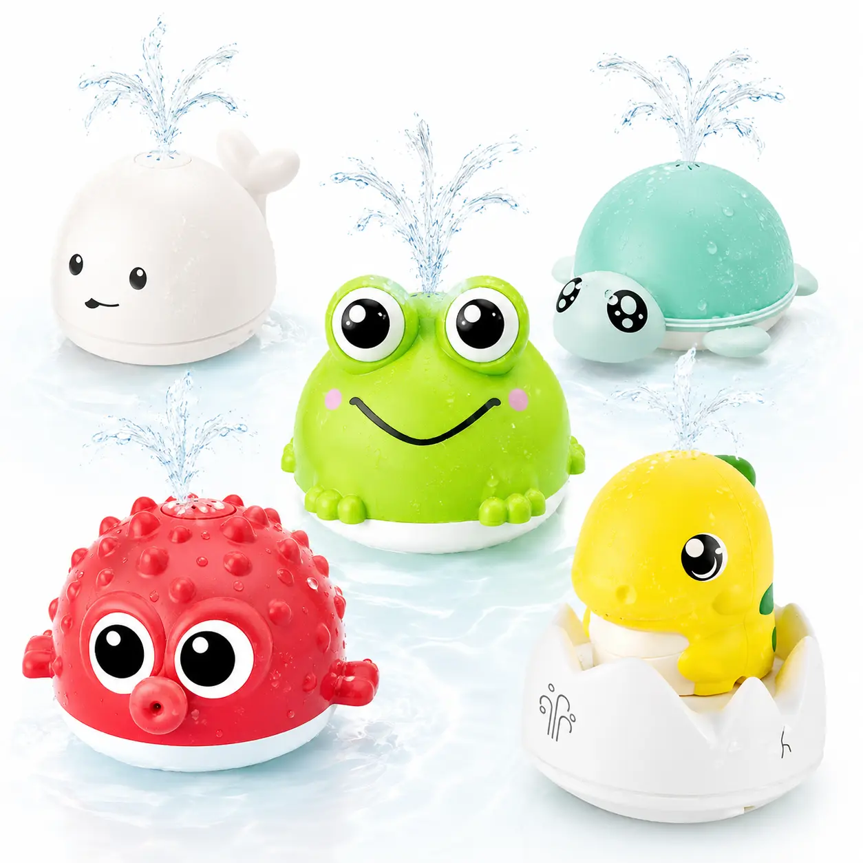 Cute Animal Spray Water Bath Toys, Automatic Floating Shower Toy for Bathtub, Pool & Water Table, USB Rechargeable or Battery Powered Styles, Duck, Turtle, Whale, Frog, Dino & Pufferfish Tub Toys, Battery Version Needs 3 AAA Batteries (Not Included)