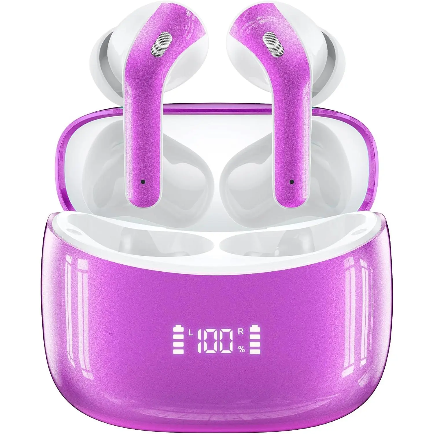 Wireless Bluetooth 5.4 In-Ear Headset Earbuds, 60H Playtime Bass Stereo Audio, Noise Cancellation Mic, LED Display Charging Case, IP7 Waterproof, Compatible All Bluetooth-Enabled Devices (Purple M)