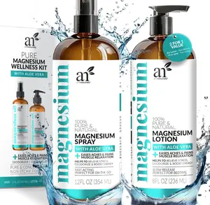ArtNaturals Magnesium Oil Spray 12 oz + Body Massage Lotion Set 8oz for Feet & Sleep - Extra Strength Cream Ultra-Pure, Relief & Relaxation, Muscle Health Leg & Joint Care Topical Non Itch