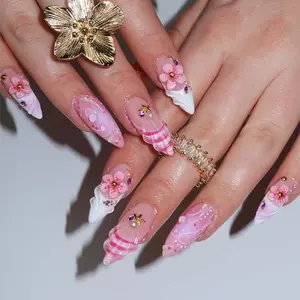 30 Pcs Almond Press-On Nails, 3D Flower Rhinestone Beach Shell Water Drop Bubble Gradient French Design, Reusable False Nails Set