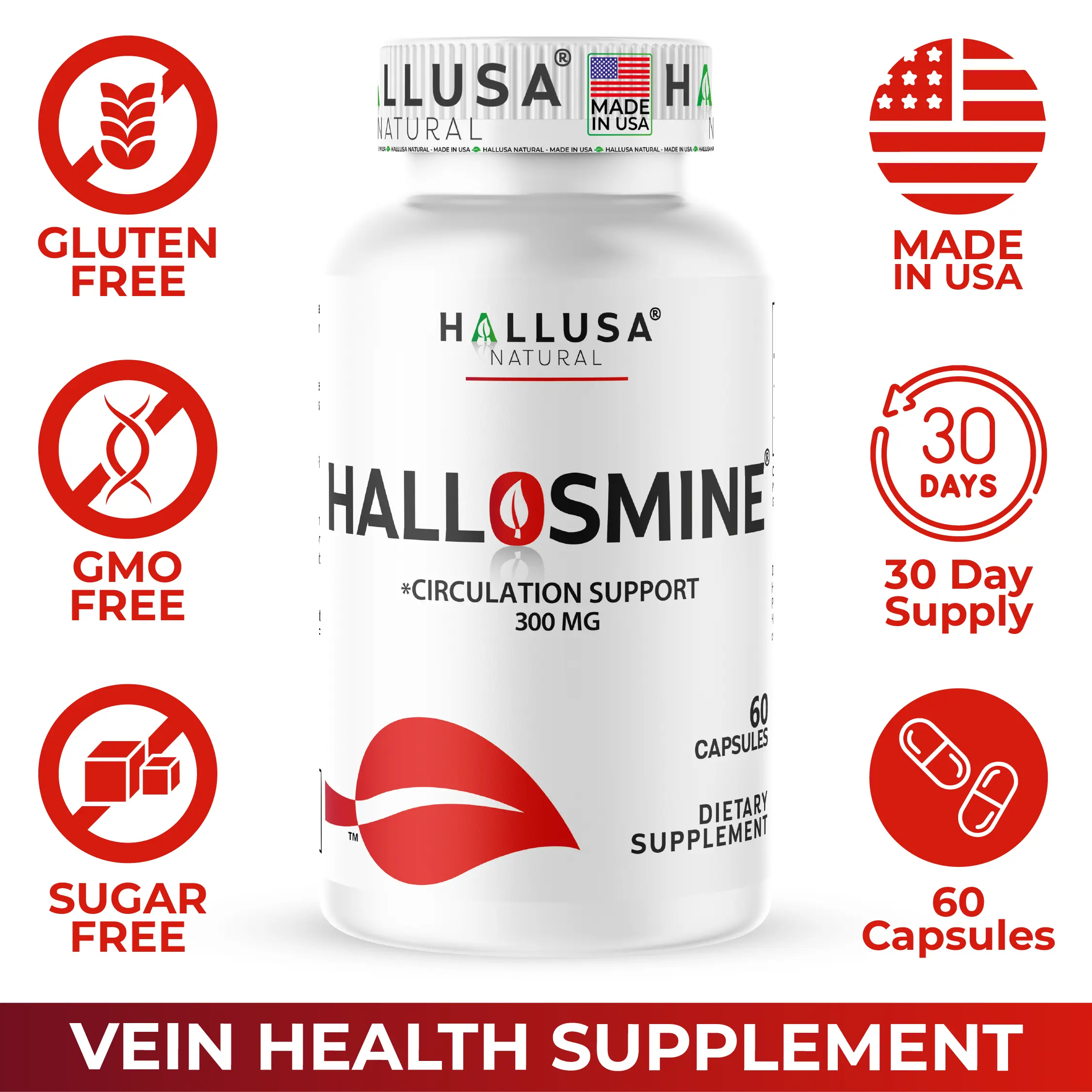 HALLUSA NATURAL HALLOSMINE x 60 Capsules – Circulation Support with 300 mg Diosmin 90% Powder – Dietary Supplement for Legs, Veins & Blood Flow