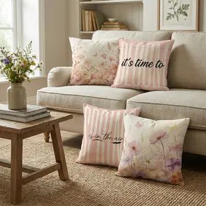 Set of 4 Decorative Spring Wreath Pillow Covers - Blush Spring Quote & Dried Wildflower Butterfly Linen Cushion Case for Farmhouse Decor Room Bedroom Sofa Chair Car 0201YB