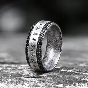 GTHIC Viking Runes Gem-Set Stainless Steel Band Ring for Men Nordic Personalized Jewelry Daily Wear