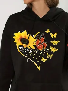 Women's Floral & Butterfly Print Drop Shoulder Drawstring Hoodie, Fashion Casual Thermal Lined Pocket Hooded Sweatshirt for Daily Outdoor Wear, Women Fall & Winter Clothes, Graphic Print Hoodie