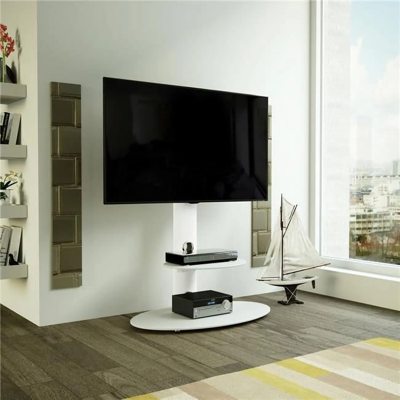 AVF FSL800LUSWW-A Combi Lugano Oval Pedestal TV Stand - Satin White & White Glass, 18.9" Depth, 31.5" Length, 45.43" Height, Floating Glass Shelf, Integrated Cable Management