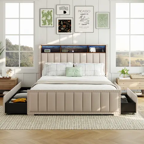 Sweetcrispy Modern Solid Wood Platform Bed Frame (Full/Queen) - Modern Bedroom Furniture with 4-Drawer Storage, 2-Tier Headboard, LED Lights, 2 Built-In Charging Ports, Footpads, Assembly Required, for Household Bedrooms