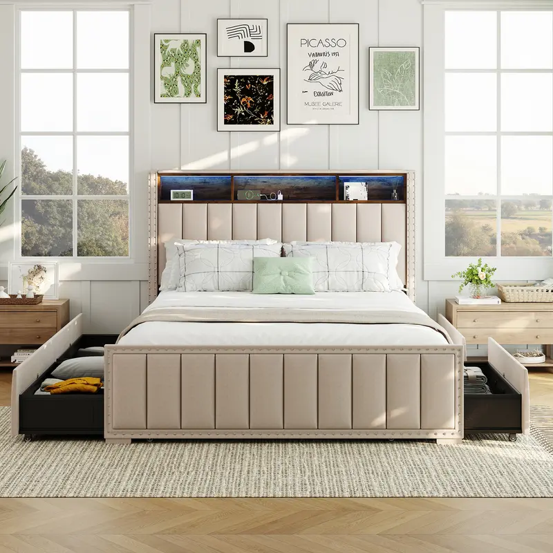 Sweetcrispy Modern Solid Wood Platform Bed Frame (Full/Queen) - Modern Bedroom Furniture with 4-Drawer Storage, 2-Tier Headboard, LED Lights, 2 Built-In Charging Ports, Footpads, Assembly Required, for Household Bedrooms