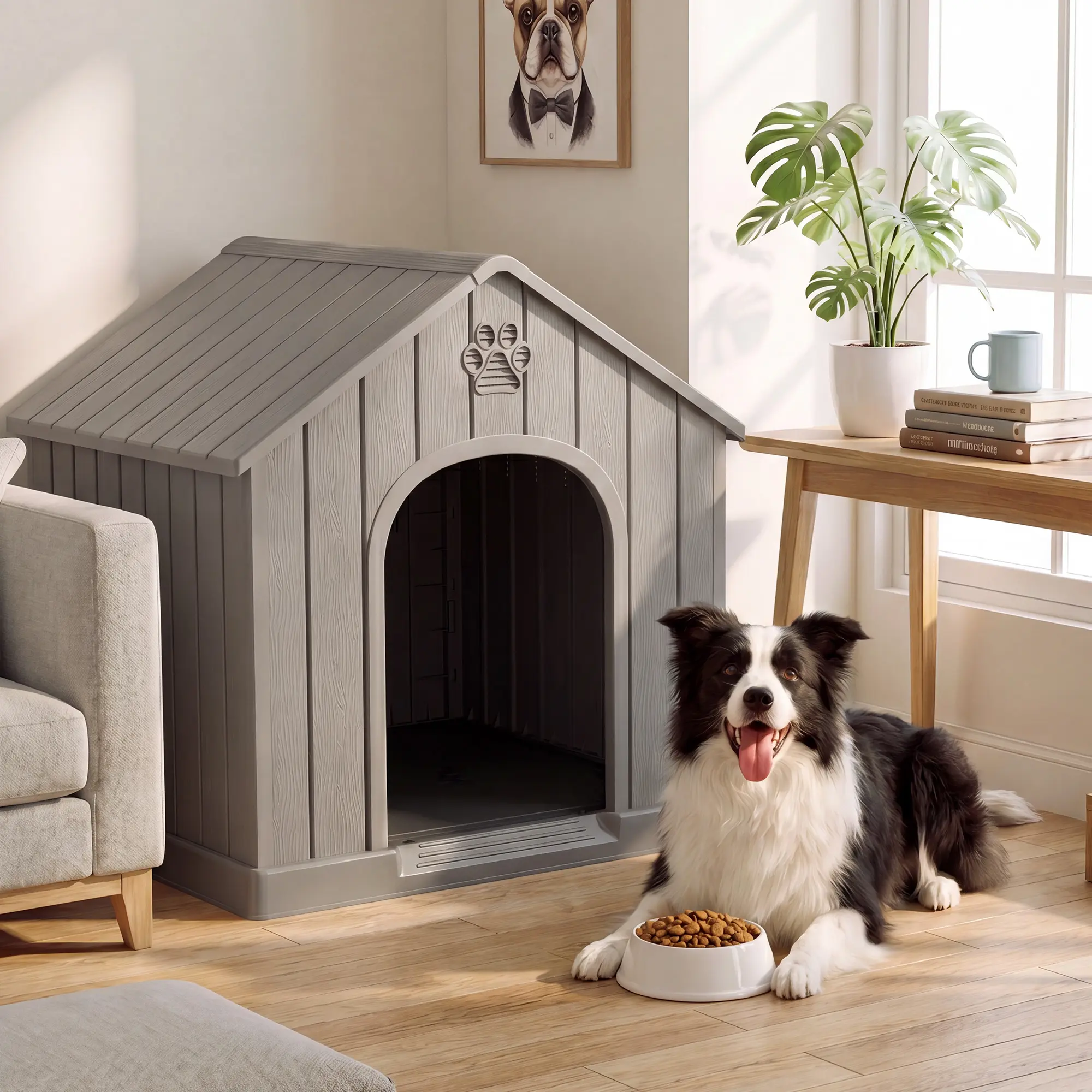 100% PP Material Single Unit PP Plastic Outdoor Waterproof Dog House Enclosure for Garden, Backyard - Tough, Ventilated, Easy Assembly, Sheltering Medium-Large Breeds, Gray, 38×38×36.2in, Polypropylene
