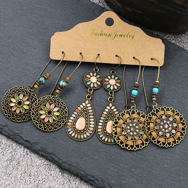 3 Pairs/Set Bohemian Boho Earrings Hook Drop Dangle - Colorful, Carnival - B#4