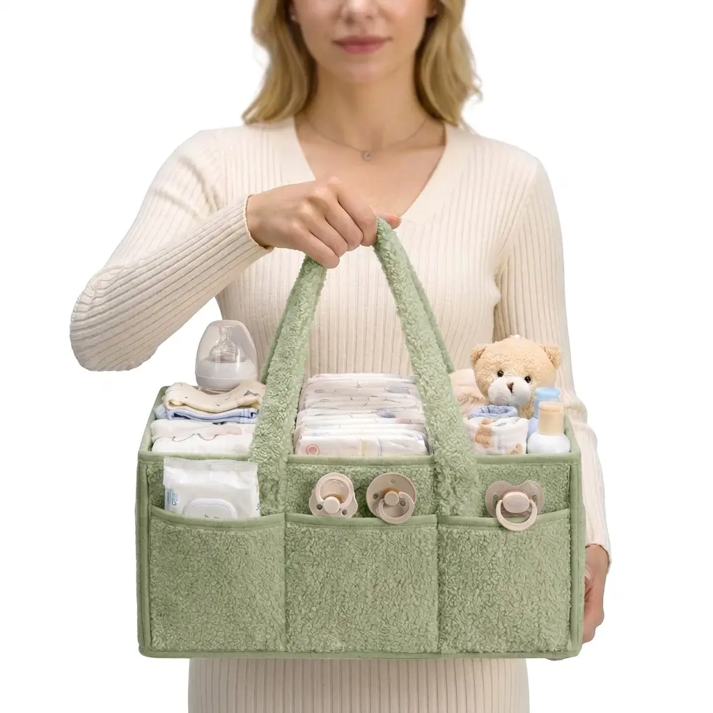 Baby Diaper Caddy Organizer with Handle, Portable Newborn Essentials Storage Bin, Baby Shower Gift, Travel & Car Diaper Organizer for Boys Girls