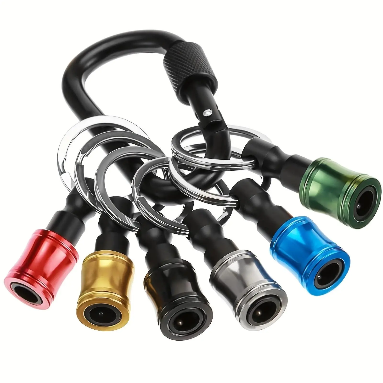 6pcs 1/4 in Hex Shank Aluminum Alloy Hex Screwdriver Bits Set - Quick Change Portable Keychain Drill Screw Adapter with Black Carabiner, Bit Clip, Hardware Tool Gift for Adults for DIY Projects