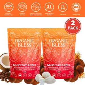 ORGANIC BLESS Instant Mushroom 60-Servings TikTok Brew Coffee with Coconut Milk & MCT Oil – Organic Lion’s Mane, Reishi & Cordyceps Blend for Energy, Focus & Clarity – Adaptogenic Mushroom Coffee – Immune Support – 2 Pack