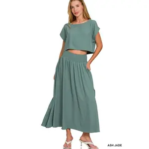 Zenana Heavy Woven Span Crop Tee & Skirt Set