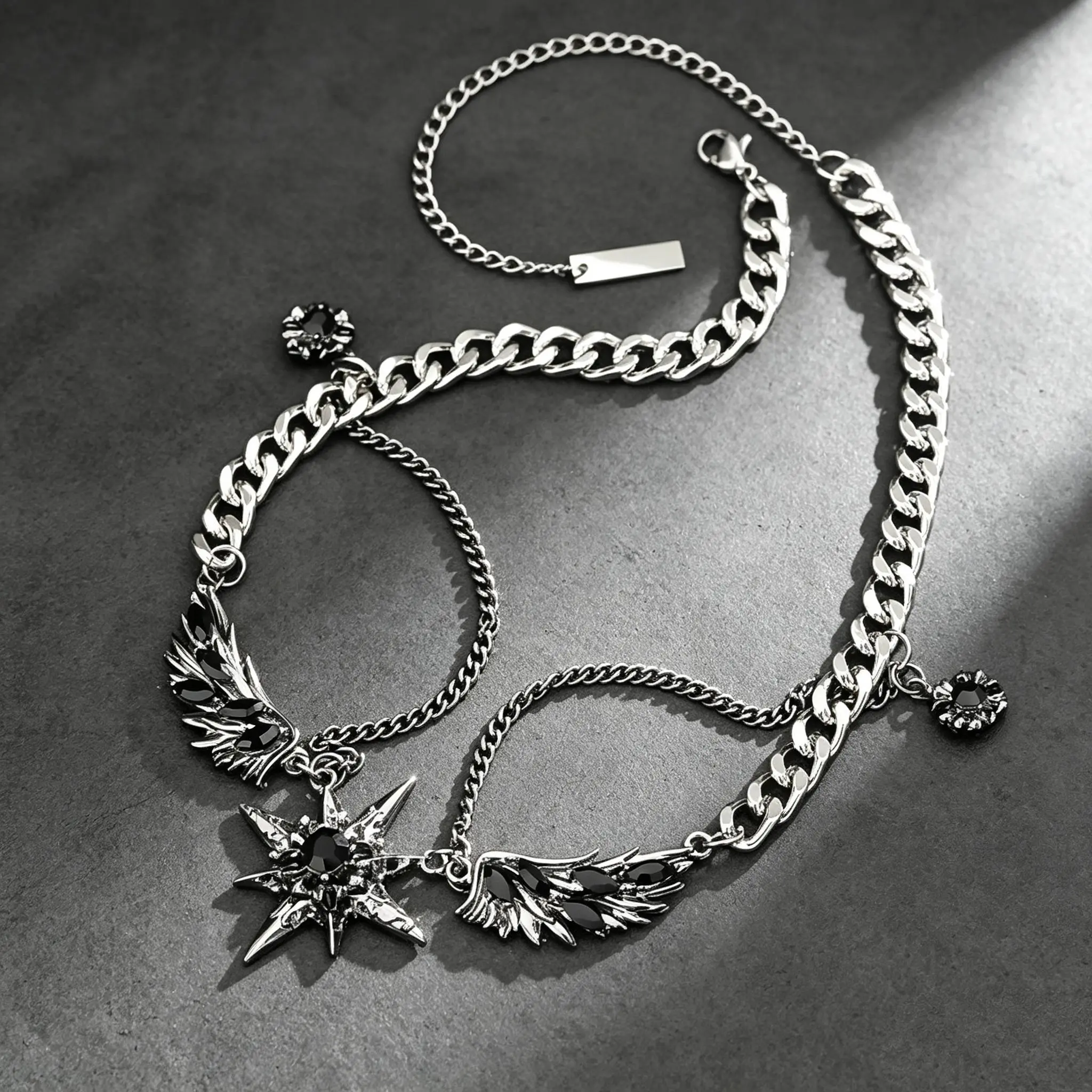 Unisex Alloy Plated Artificial Gemstone Cuban Link Necklace - Vintage Distressed Double-Layer Hip-Hop Jewelry with Adjustable Chain, 8-Pointed Star Wings Embossed Charm