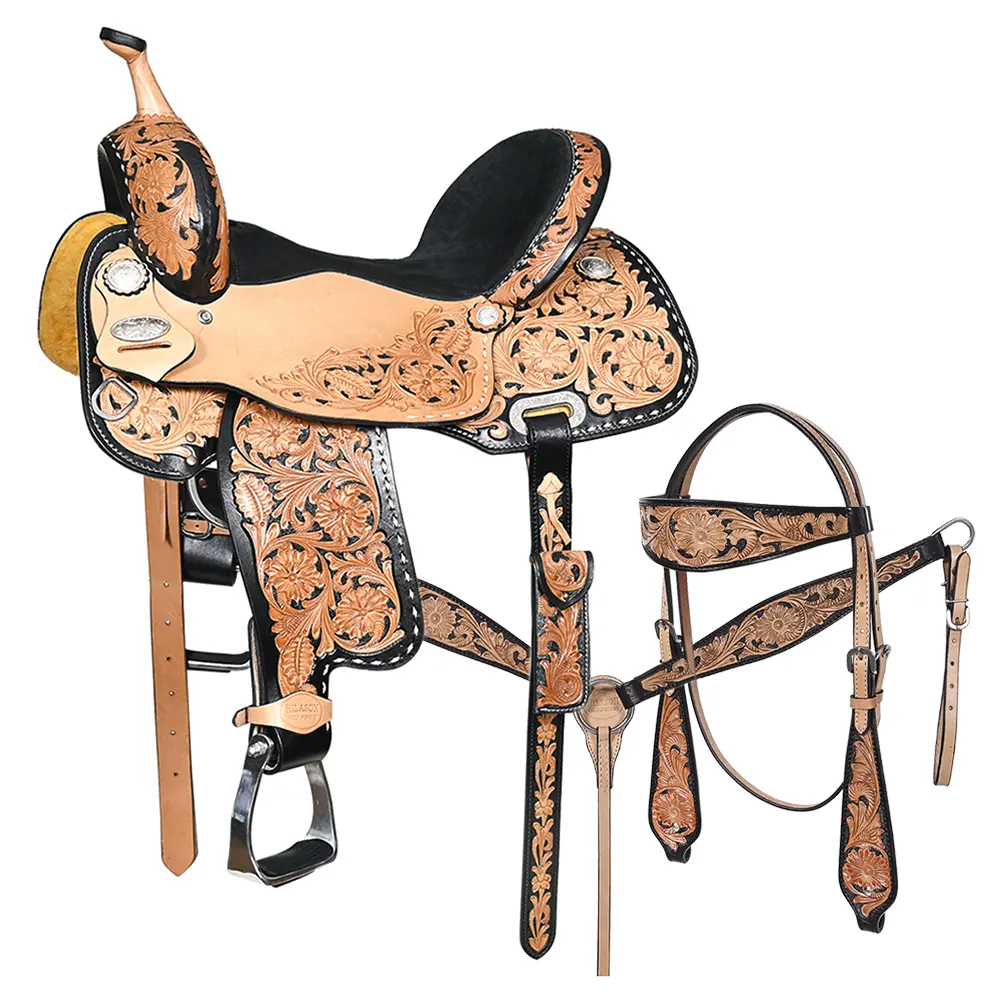 HILASON Western Horse Barrel Racing Saddle Trail American Leather With Tack Set