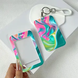 Colorful Liquid Waves Pattern Durable Hard Plastic ID Badge Holder with Lanyard Slide Design for Cards Transparent Window Compatible with Credit, Metro, Bus Cards-Nurse, Doctor, Student Accessory