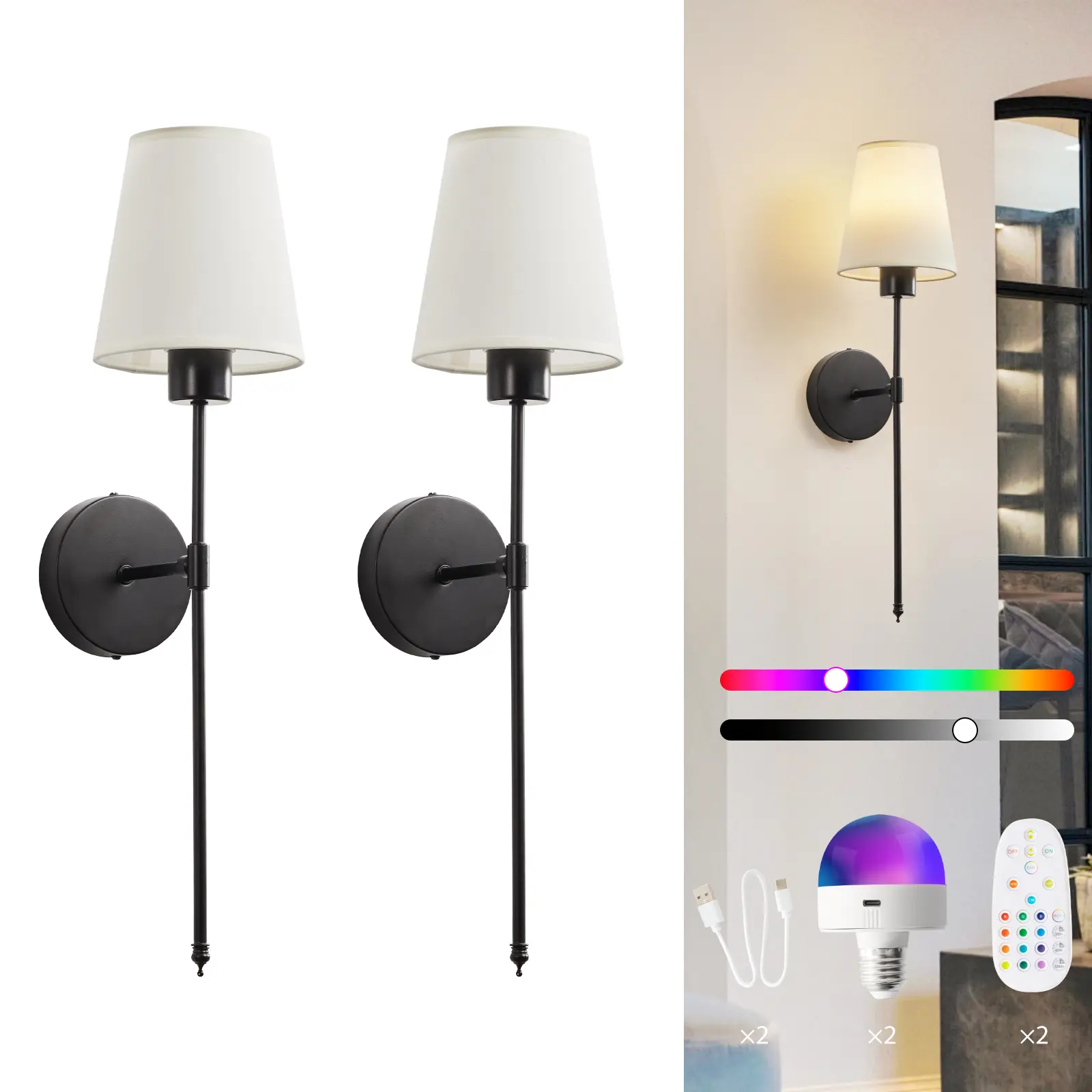 2-Pack Wireless Wall Sconces - Battery-Operated, Remote-Controlled, Dimmable Farmhouse Indoor Lighting for Bedroom, Living Room (Gold/Black) | Home Improvement Lights