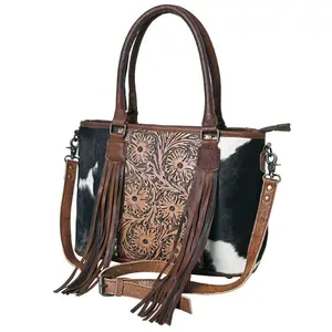 Women's Genuine Leather Western Tote Bag - Handcrafted Design with Fringes & YKK Zippers - 10in x 17in x 4in - Eco-Friendly Cowhide Leather - Handtooled Pattern