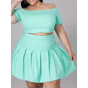 Plus Size Off Shoulder Short Sleeve Crop Top & Mini Skirt Set, Women's Plus Slight Stretch Solid Casual 2pcs Set Outfits