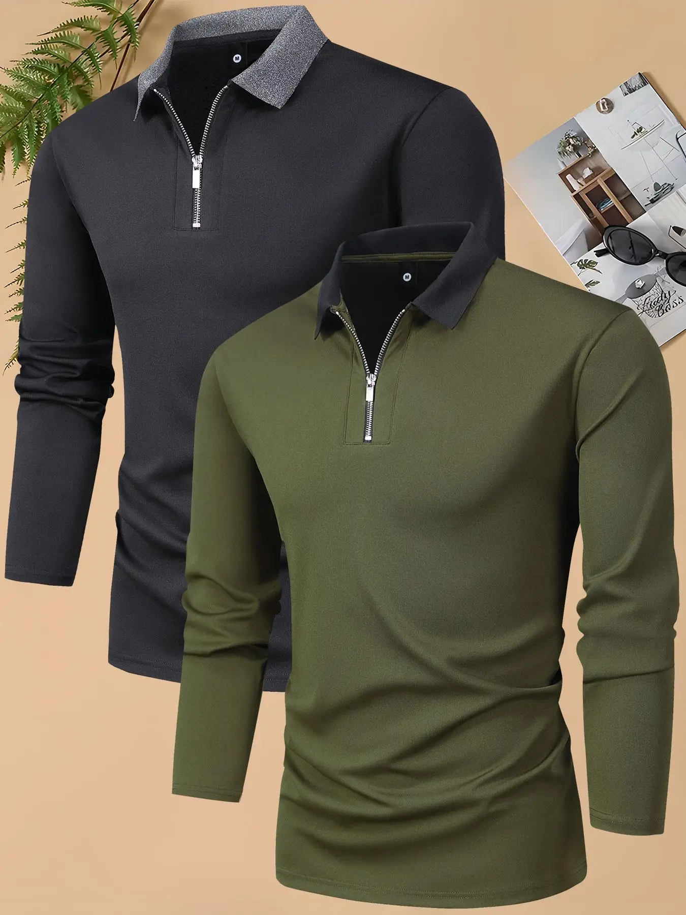 Men's 2pcs Basic Business Colorblock Collared Zipper Long Sleeve Polo Shirt Set, Regular Fit Half Zip Top for Work Office Outdoor Wear, Casual Lounge