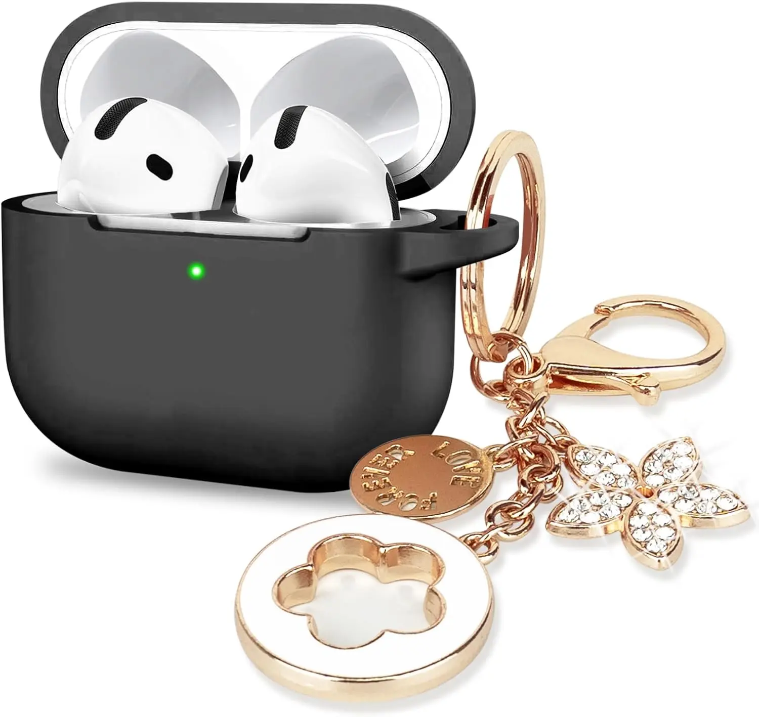VOTILE Silicone Bling Case Cover with Keychain for Apple AirPods 4th Generation 2024 Wireless Earbuds Charging Case - Black (for Women)