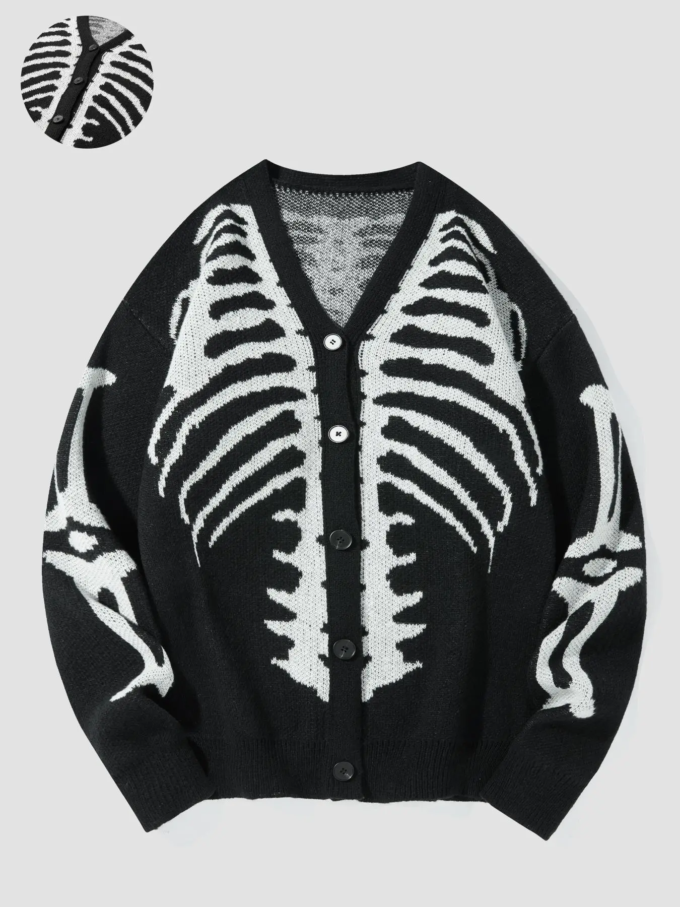Men's Halloween Skeleton Print Button Front Cardigan, Casual Drop Shoulder Long Sleeve V Neck Knitwear Sweater for Fall & Winter, Halloween Costumes, Autumn Sweater Cardigans, Menswear