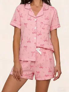 Bow Butterfly Print Short Sleeve Shorts Pajama Set, Casual Loose Fit Above Knee Sleepwear, Breathable Home Wear