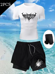 Men's Summer Sports Set, Tight Fit Short Sleeve Sporty Round Neck + Multi-Pocket Double Layer Shorts, Thorn Print, Running Fitness Outdoor Wear, Summer Sportswear, Workout Sets, Sport Clothing