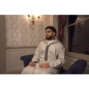 Marrakech Frost Winter Djellaba - Heavy Hooded Blanket Material with Grey Moroccan Embroidery for Men's Warmth and Tradition