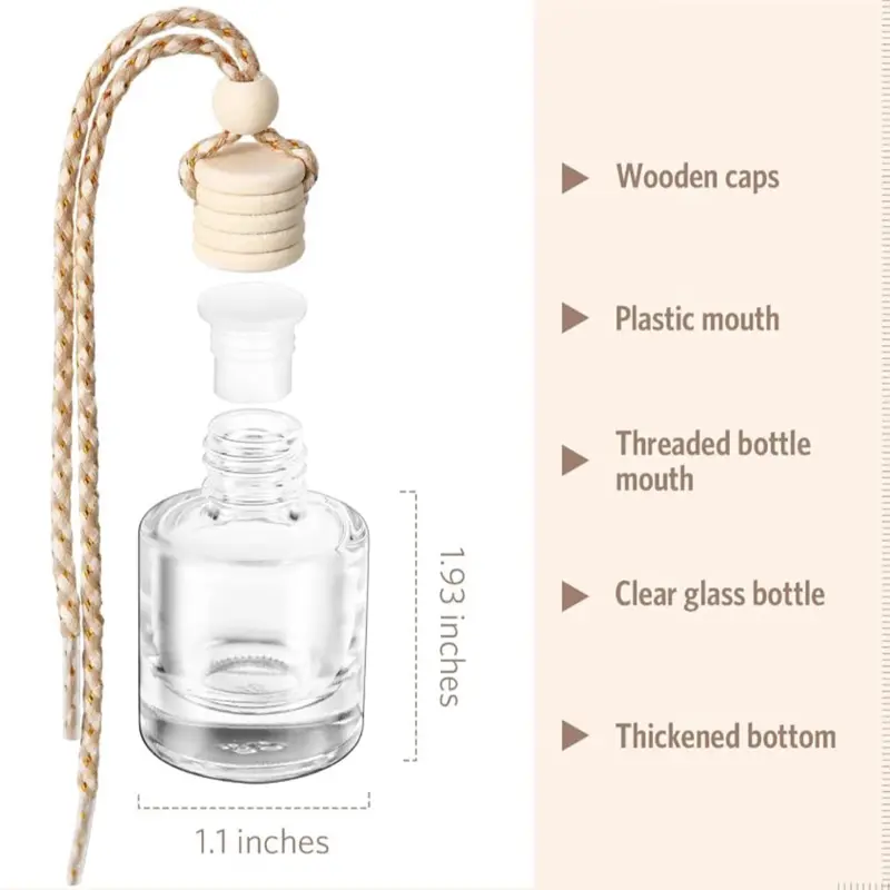 Car Diffuser Bottles Empty  with Wood Cap, Classic, Clear Car Diffusers for Essential Oils, 8 ml Clear Fragrance Holder Pendant, Hanging Perfume Fresheners Bottles for Car Decor 1 pc