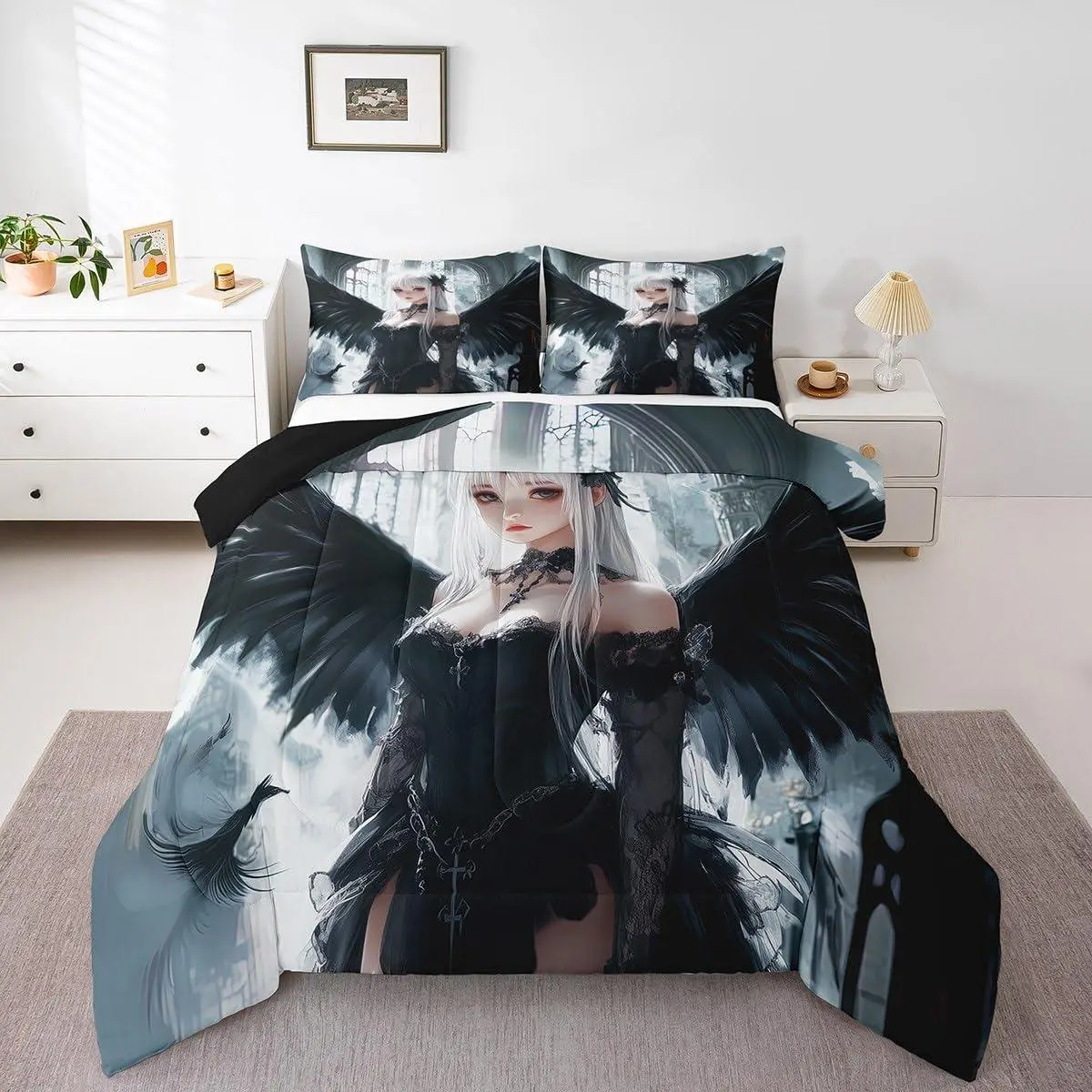 Feelyou Microfiber Soft Kids Bedding Set - Breathable Black & White Cartoon Duvet Set, Kawaii Anime Girl Print Toddler Bedding, Machine-Washable, Tumble Dry in Low Heat, Multi-Size (Twin/Full/Queen) for Kids’ Rooms