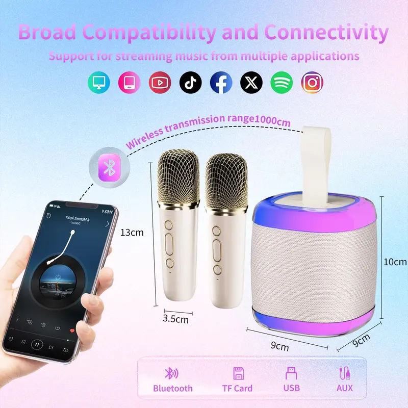 FunnyPanda Portable Wireless Karaoke Speaker with 1-2 Handheld Mics, HIFI Stereo Sound Subwoofer, Built-in Bat., RGB LEDs, USB-AUX, Bluetooth, Wireless Pairing for Outdoor Sports, Birthday Parties