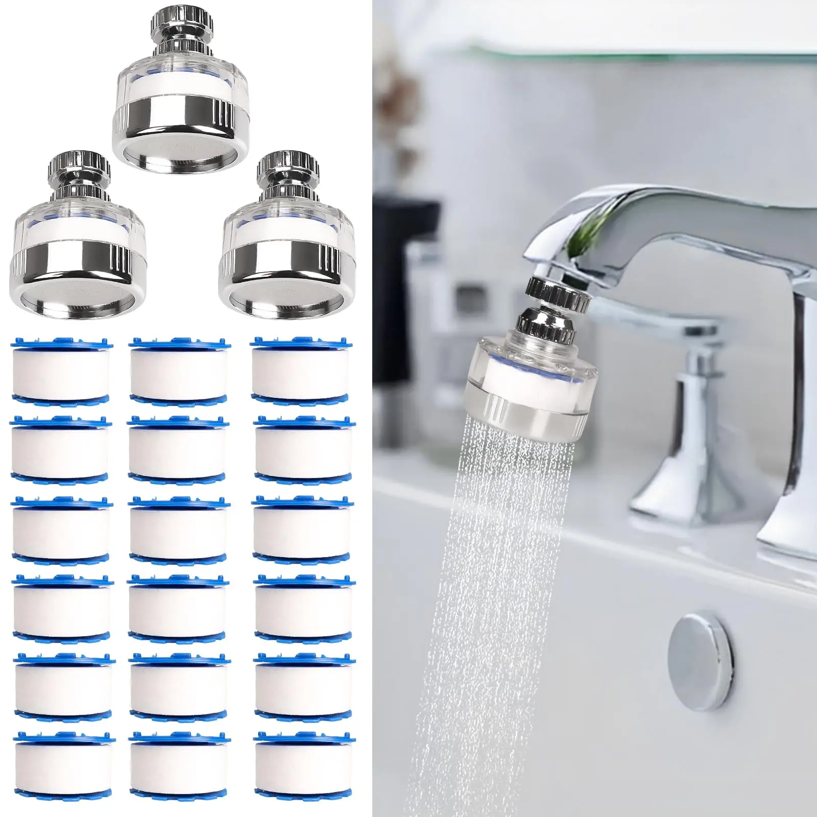 ISUNMEA 3 Pcs of Sink Dual-Mode Water Filter and Rotatable 18 Filter Elements Set, Sink Faucet Filter 360°Rotating, Bathroom Sink Filter Removes Fluoride Hard Water, Faucet Filter Faucet Extender for Home Kitchen Sink Aerator