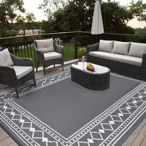 GARVEE Outdoor Rug Waterproof for Patio Decor 9x12 Reversible Plastic Straw Carpet, Outside Camping Mats for Outdoor Decor, RV, Backyard, Deck, Balcony, Picnic, Grey & White