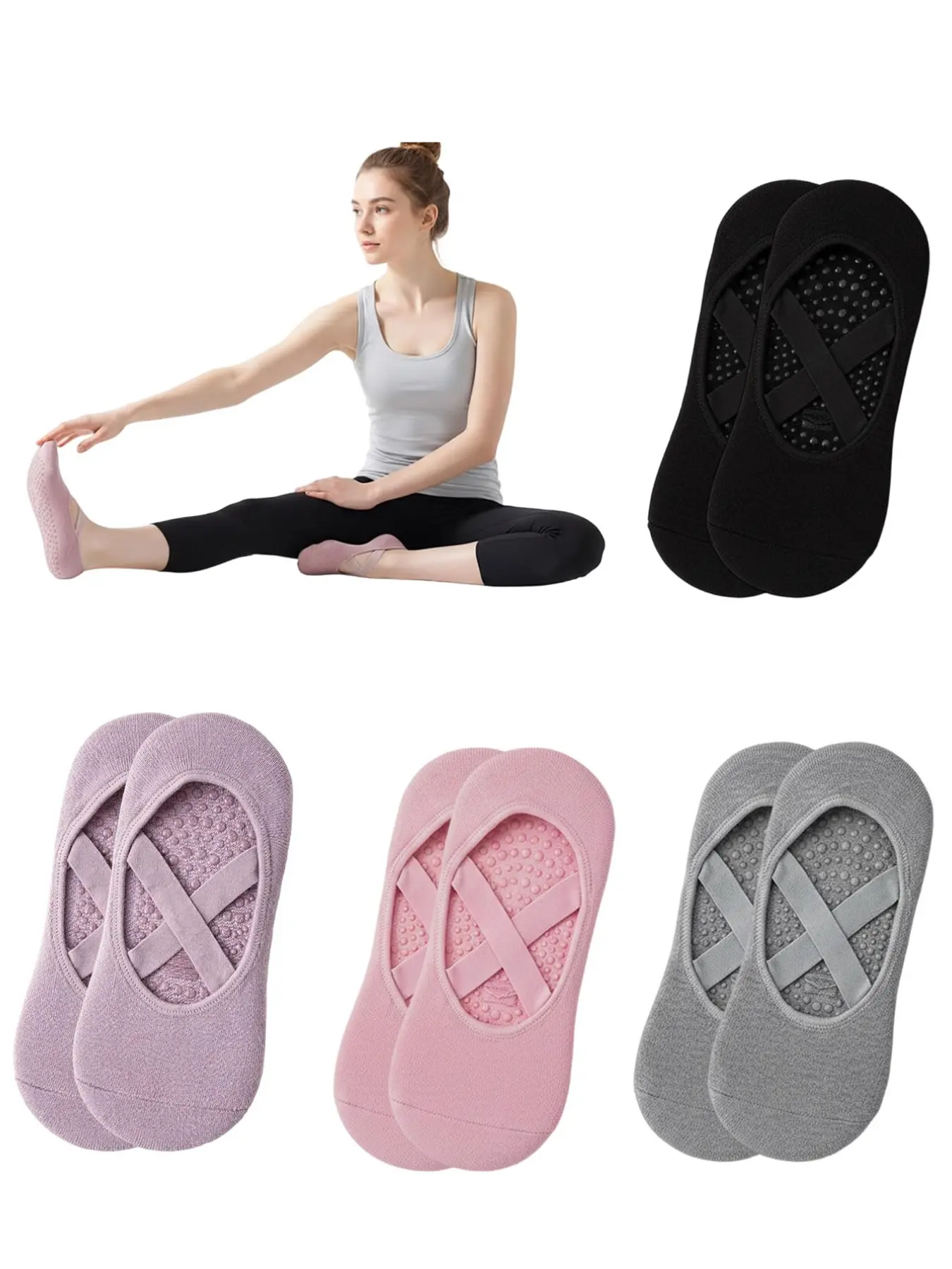 Four Pairs Women's Pilates Socks, Grip Sports Socks, Athletic Socks, Non-Slip Yoga Socks, Anti Slip Socks for Fitness, Ballet, Dance, Home Training, Comfortable and Durable, All Season Socks