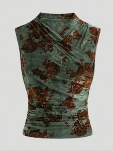 Women's Vintage Fashion Comfortable Floral Collar Waist Pleated Design Elegant Vest Top, Stylish Retro Style, Perfect for Casual Wear