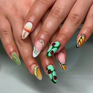 24 pieces of press on nails almond childhood style butterfly wings, cute seven-spot ladybug, colorful caterpillar, small red mushroom, quaint forest series, cute fake nails with jelly glue, Nail Art Design, Diy Nails, 1 piece of file strip