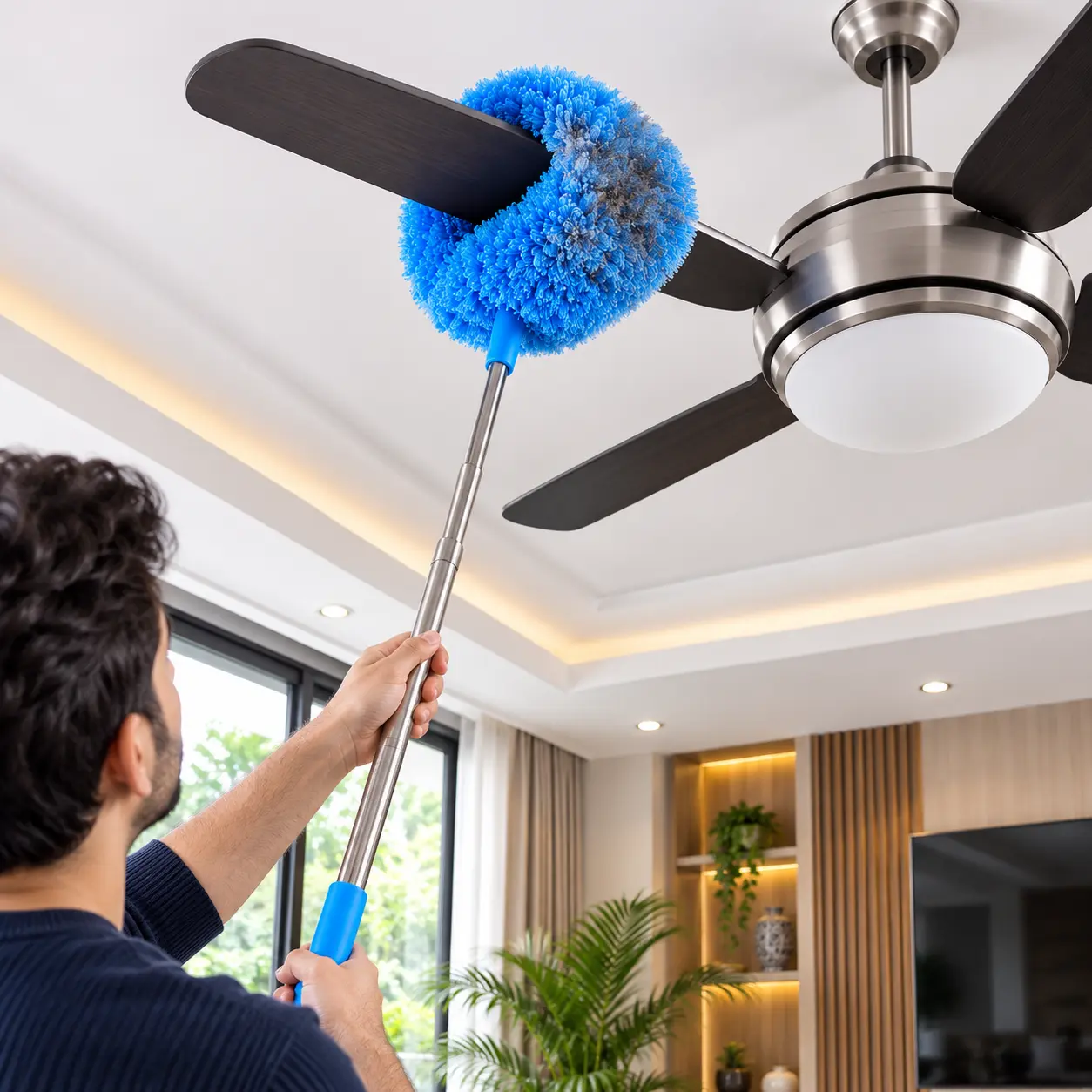 Microfiber Ceiling Fan Cleaner Duster with Extendable Telescopic Pole, 360° Wrap Around Fan Blade Cleaning Tool, Reusable Washable Dust Remover for Ceiling Fans, Air Vents and High Ceilings
