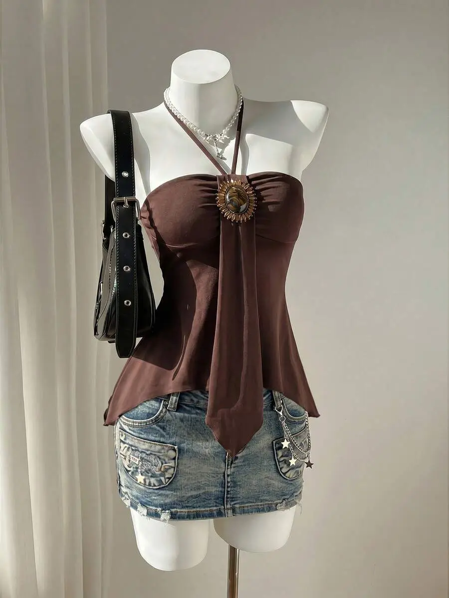 Vintage Y2K Sexy Spaghetti Strap Strap Distressed Floral Beaded Patch Camisole, Summer/Autumn Boho Women's Tops For Summer Brown