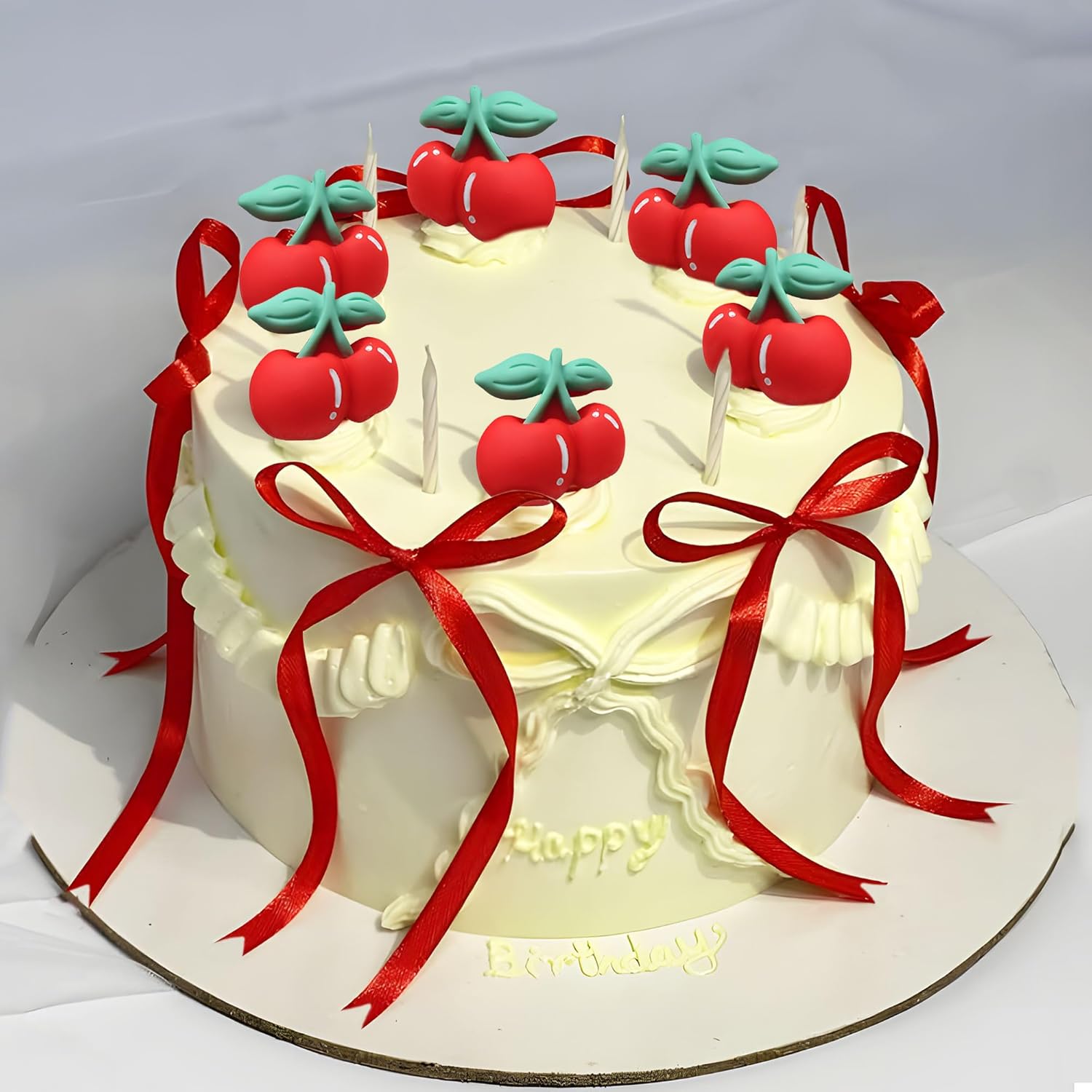 LaVenty Cherry Cake Decorations and Bow Cake Toppers Cherry Party Decorations Bowknot Ribbons Coquette Bow Cake Dessert Picks for Decorations Bridal Baby Shower Birthday Wedding