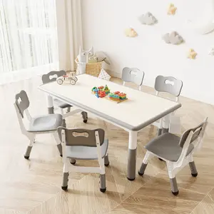Kids Table And 6 Chairs Set Height Adjustable Toddler Activity Desk With Storage Box Graffiti Desktop Children Learning Table For Arts Crafts Drawing Playroom Furniture Homework Station For Daycare Preschool Multi Kid Ages 2-10 CPC Certified Grey