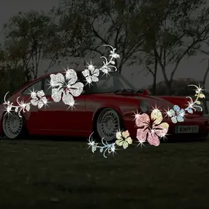 Glitter Hibiscus Flower Car Sticker — Sparkly Floral Vine Decal, Reflective Tropical Garden Decor for Women, Waterproof Vinyl Auto Exterior Styling for Side Door, Window & Bumper