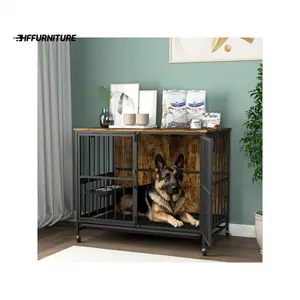 outstanding quality  Modern Kennel Dogs Room Up To 80 LB Crate Furniture With Multi Purpose Rremovable Ttray Double Door Dog House Lift Panel 360 Degree Rotation 3 Height Adjustable Feeding Bowls Brown Pet Accessories