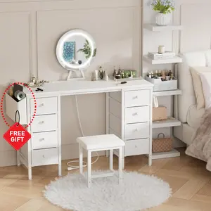 White Vanity Desk with Mirror and Light- Makeup Vanity Set Table with Chair, Storage, Lighted Mirror, 8 Large Fabric Drawers & Power Outlet, Dressing Table Vanities for Bedroom, Get Free Gift