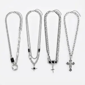 4-Piece Layered Necklace Set for Women Y2K Cross Star Pendant Chain Stackable Jewelry Goth Aesthetic Mix Match Trendy Alt Grunge Streetwear Accessories Birthday Christmas Valentines Day Gifts for Her Teen Girls