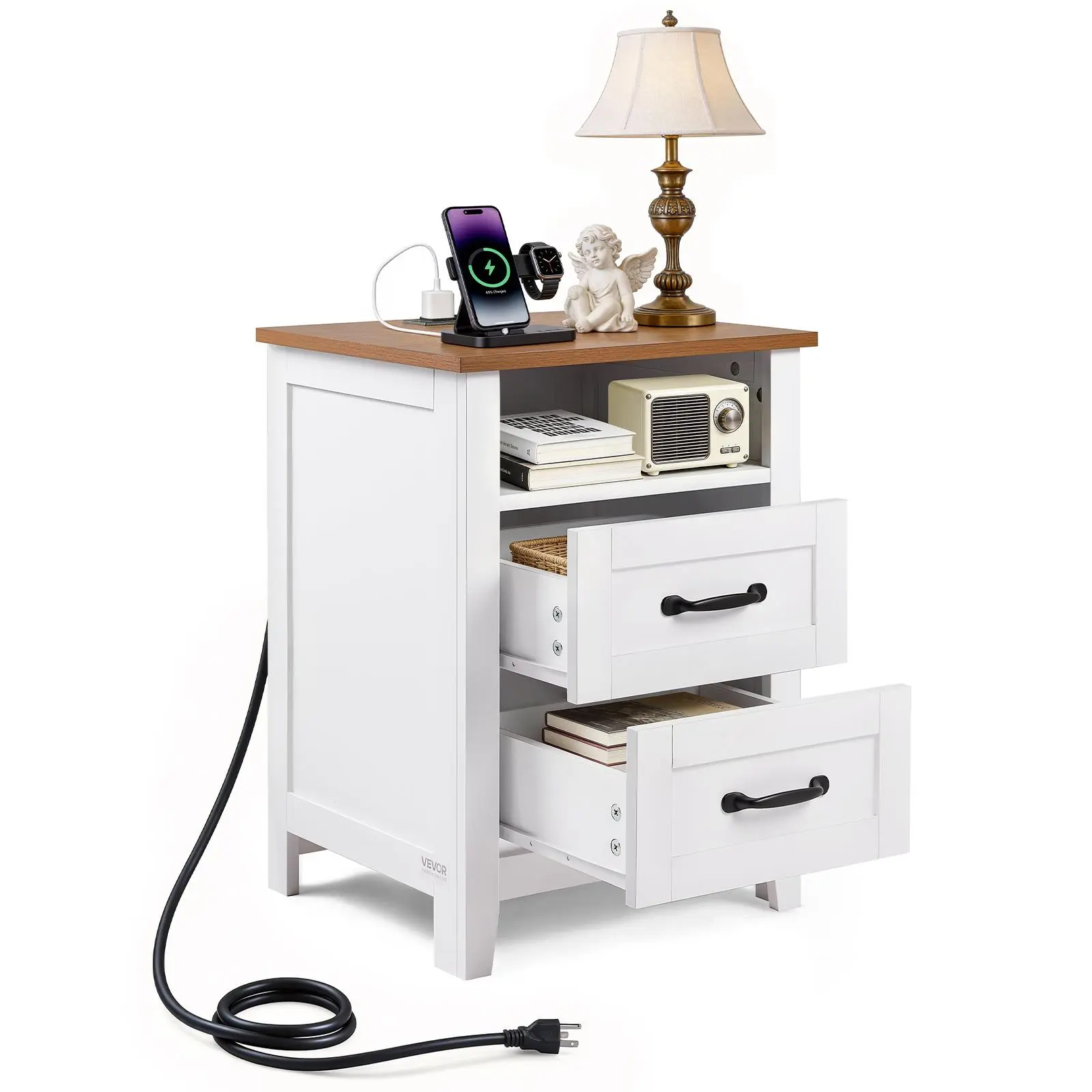 VEVOR Rustic Farmhouse Nightstand - Particle Board Rectangular Accent Side Table, Storage Cabinet with Charging Station, 2 Deep Drawers, Open Shelf, Recessed Panel, USB Port & AC Outlets for Bedroom, Living Room (White)#BackToSchool