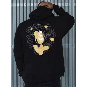 Men's Honeycomb & Bee Print Drawstring Hoodie, Casual Comfy Pocket Drop Shoulder Long Sleeve Hooded Sweatshirt, Men Clothes for Spring & Fall Daily Wear Unisex Hoodies